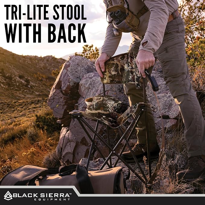 Black Sierra Tri-Lite Folding Stool with Backrest & Cup Holder, Lightweight Portable Hunting Fishing Chair with Carry Strap, Collapsible Outdoor Tripod Seat Supports 225 lbs
