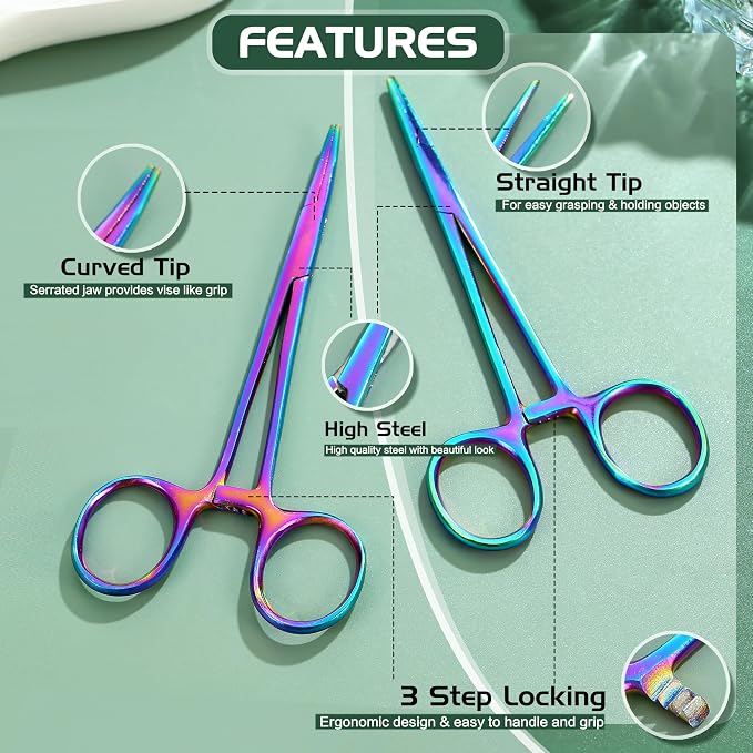 GEMQUEEN Piercing Curved and Straight Forceps for Changing Jewelry - 316L Surgical Stainless Steel Pliers Tool Set Colorful Locking Tweezers Clamps for Removal Earrings Lip Nose Rings 2 PCS