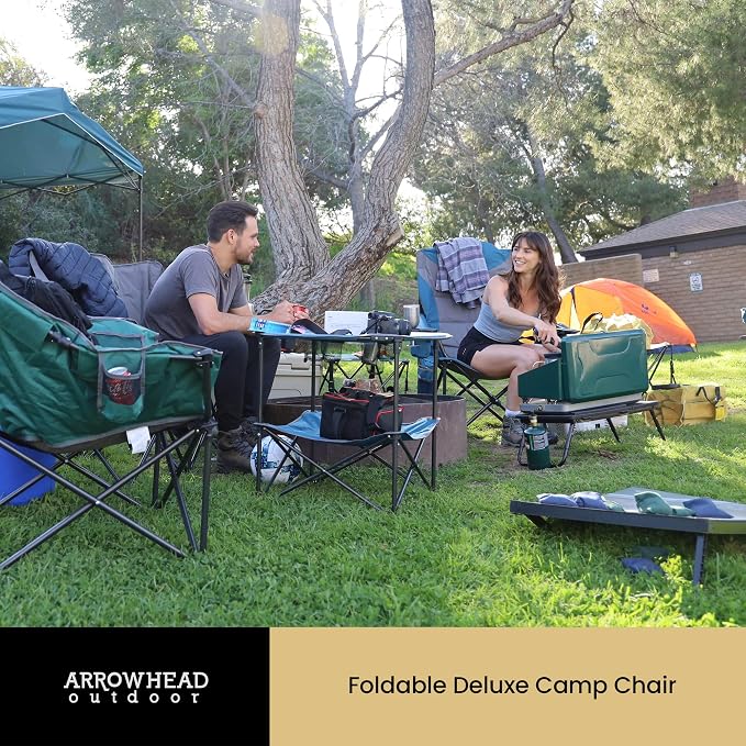 ARROWHEAD OUTDOOR 2-Pack Portable Deluxe Folding Camp Quad Chair w/Headrest, Glass & Cup Holders, Armest 6-can Cooler, Heavy Duty Carry Bag, 550 lbs Weight Capacity