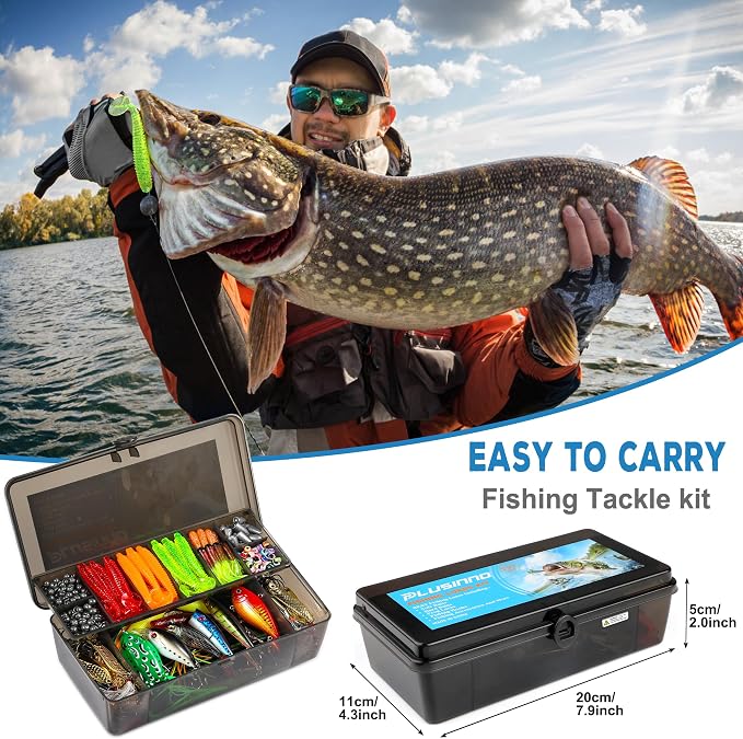 PLUSINNO Fishing Lures Fishing Tackle Box Fishing Gifts for Men, Bass, Trout Fishing Accessories Kit for Saltwater & Freshwater Fishing Gear Including Topwater Lures, Hooks, Spinnerbaits