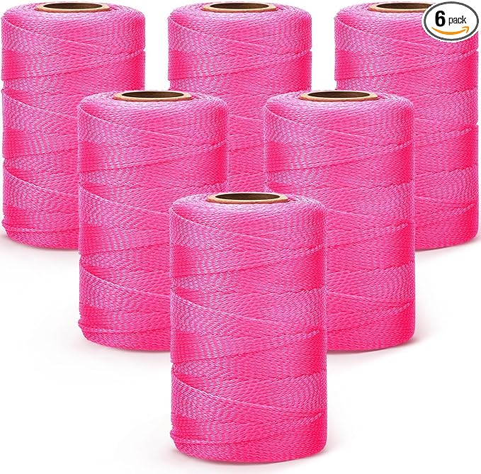 Amylove 6 Roll Mason String Line #18, 500 ft Nylon Braided Construction String Line, Heavy Duty Outdoor Twine Rope for Gardening or Masonry Tools Construction DIY Project, Fluorescent Pink