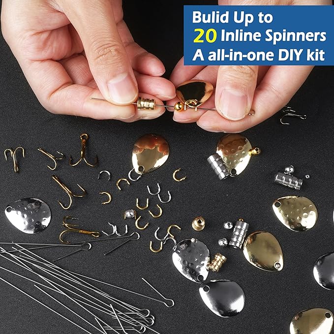 Fishing Spinner Lure Making Kit, 141pcs DIY Spoon Rigs Spinnerbaits Acceessoires with Plier Spinner Blade Clevis Treble Hooks Beads Spinner Making Supplies Tackle