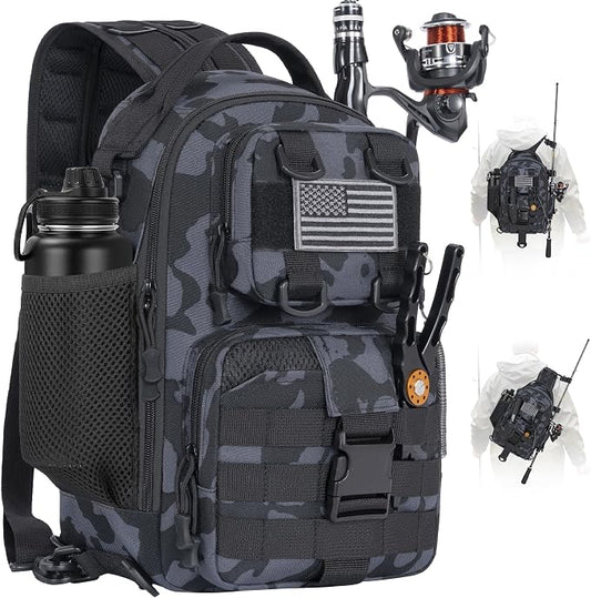 GMAK Fishing Backpack Tackle Sling Bag, Tactical Fishing Tackle Backpack with Rod & Gear Holder, Lightweight Outdoor Water-Resistant Tackle Gear Pack Shoulder Bags for Men Women, Black Camo