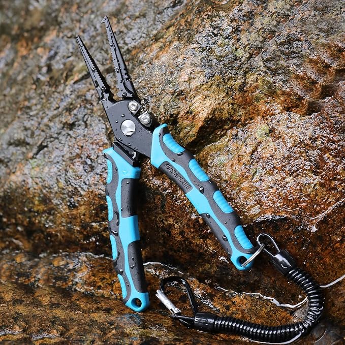 Sougayilang Fishing Pliers,Sheath and Lanyard Tungsten Carbide Cutters,420 Stainless Steel Fishing Tools,Saltwater Resistant Fishing Gear with Rubber Handle-7.5'' Split Ring Nose - Blue
