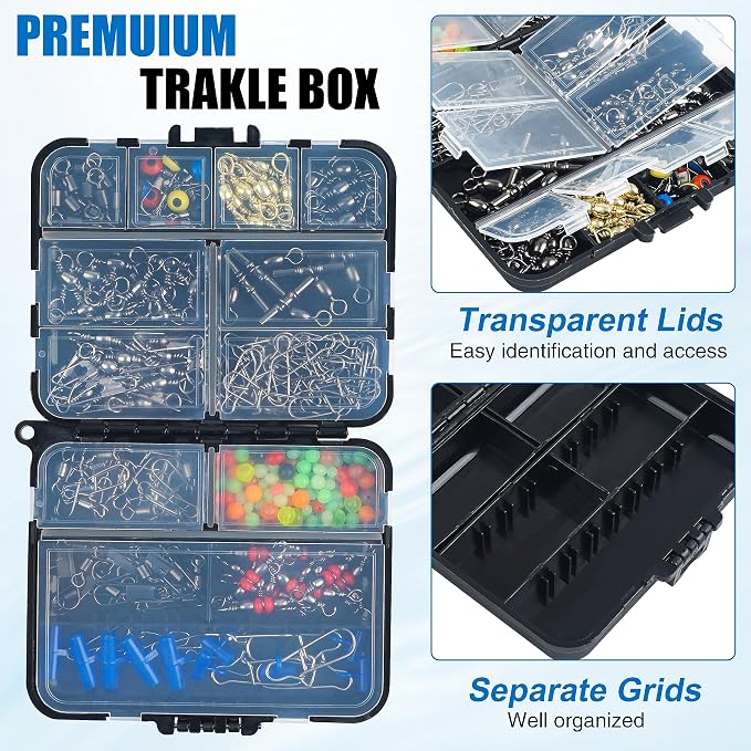 SILANON Fishing Swivels Tackle Kit, 174pcs Include Barrel Swivels,Sinker Slides,3 Way Swivels,Duo Lock Snaps,Barrel Snap Swivels Fishing Tackle Box Set for Bass Trout Saltwater Freshwater