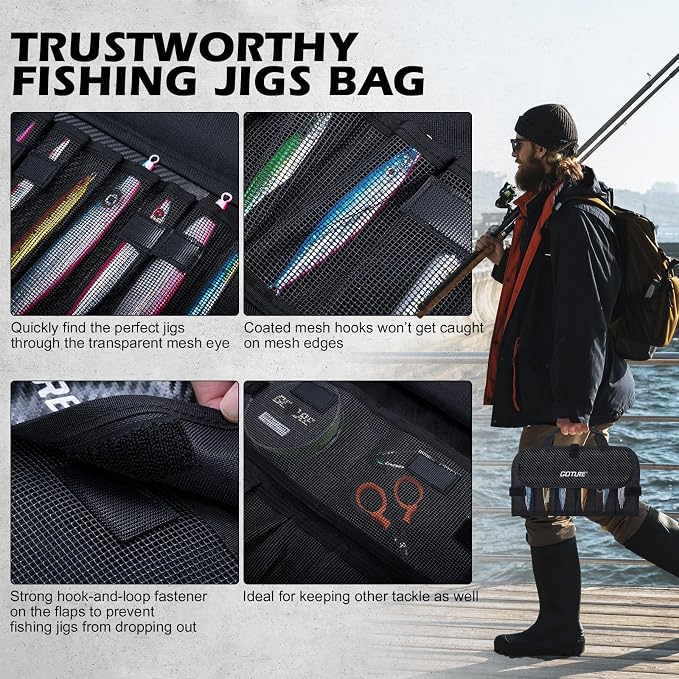 Goture Fishing Jig Bag,20 Mesh Pockets Portable Water-Resistant 600D PU Fishinig Lure Bag Saltwater Freshwater Suitable For Max 5.7" Length Vertical Jig Slow Pitch Jigging Bait Storage (12.99"x7.09")