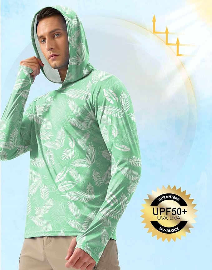 Pudolla Men's Sun Protection Hoodie Shirts UPF 50+ Rash Guard SPF Long Sleeve Fishing Shirt for Men Swim Hiking Boating