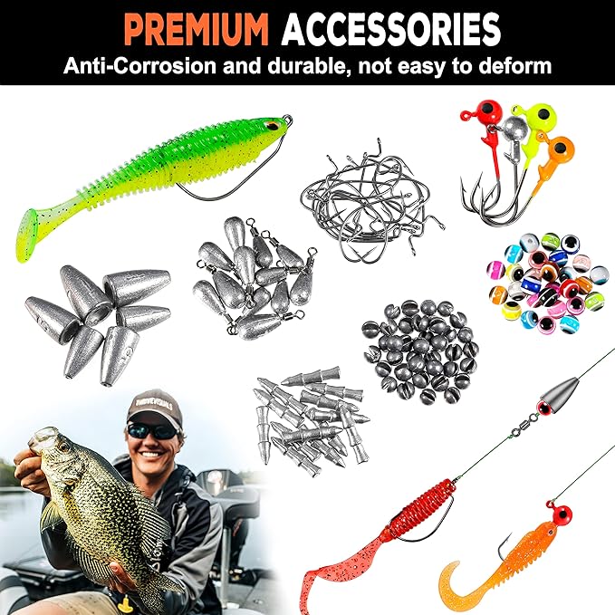 PLUSINNO 253/387pcs Fishing Gear Accessories Kit, Fishing Tackle Box with Tackle Included, Fishing Hooks, Fishing Weights Sinkers, Spinner Blade, Fishing Equipment for Bass Trout Bluegill Crappie