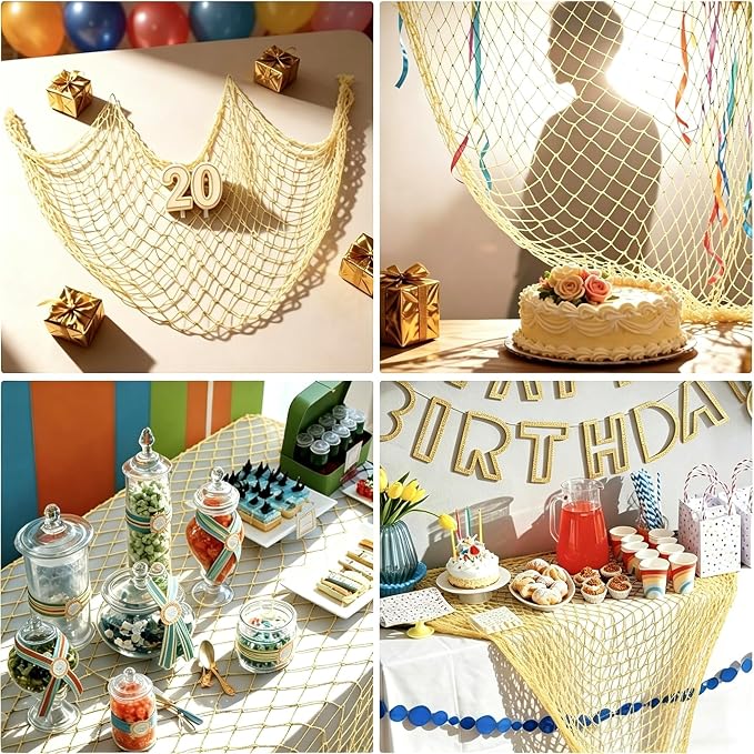 2 Pack Decorative Fishing Net, 5x10 ft Large Yellow Fish Net to Hang Stuffed Animals, Decor Net for Nautical Beach Mermaid Theme Birthday Party, Baby Shower, Drape Tables, Balloon Holder