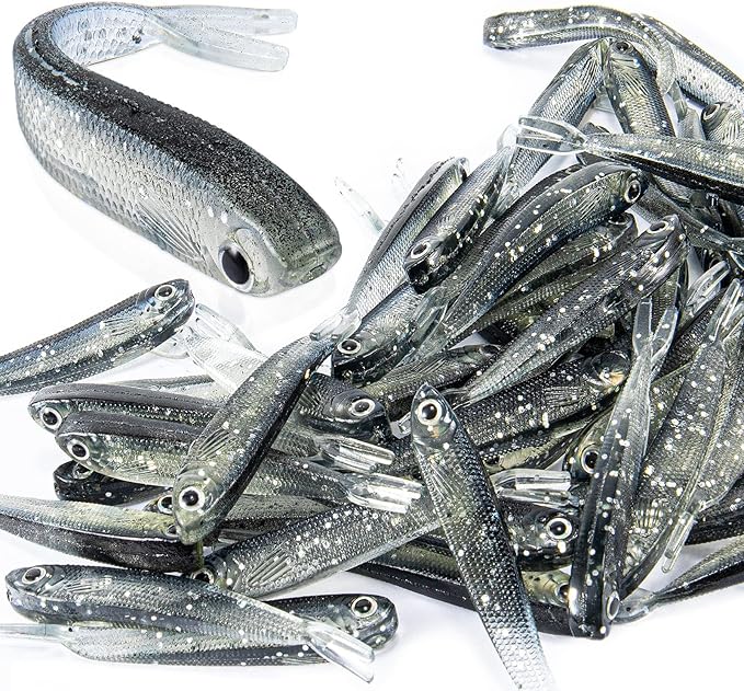 Syosisny 50 PCS Plastic Soft Fishing Lure, Lifelike Forked Tail Minnow, Fishing Baits Tackle for Saltwater and Freshwater Bass, Crappie, Walleye, or Trout Lures