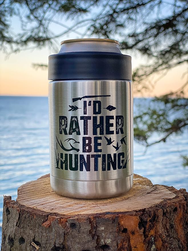 "Rather Be Hunting" Insulated Can Cooler - Great Hunting Gift for Men, Unique Birthday or Christmas Idea for Deer, Bear, Duck, Bird, and Camo Coolie Loving Dads and Bow Hunters, USA-Owned Company