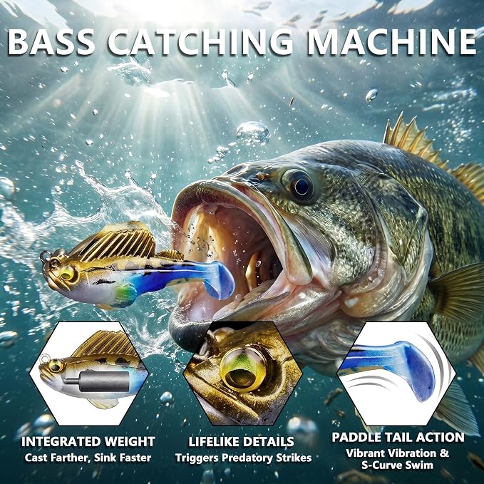 Soft Fishing Lures for Bass Fishing:Pre-Gigged Swim Baits for Saltwater or Freshwater.Soft Plastic Fishing Accessories.