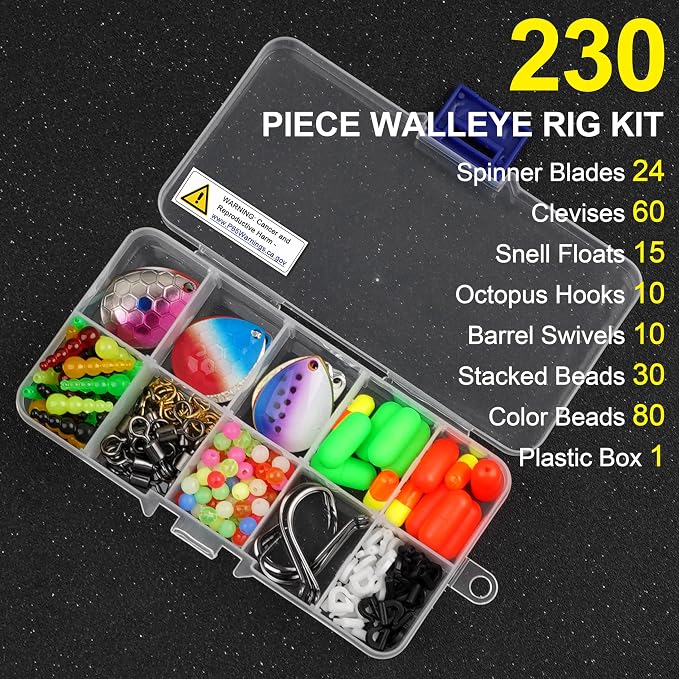 Walleye Rig Making Kit,230pcs DIY Fishing Lure Making Supplies Crawler Harness Walleye Spinner Rigs Colorado Blades Pompano Floats Clevises Beads Hooks Spinner Lure Making Kit