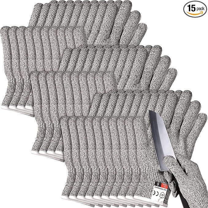 Potchen 15 Pairs Cut Resistant Gloves Level 5 Protection Cutting Safety Kitchen Anti Cut Gloves for Kitchen Fish and More (Large)