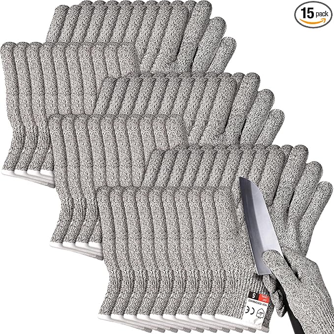 Potchen 15 Pairs Cut Resistant Gloves Level 5 Protection Cutting Safety Kitchen Anti Cut Gloves for Kitchen Fish and More (Medium)