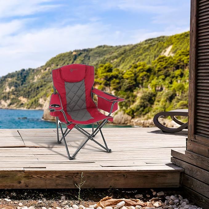 ARROWHEAD OUTDOOR Portable Deluxe Folding Camp Quad Chair w/Headrest, Glass & Cup Holders, Armest 6-can Cooler, Heavy Duty Carry Bag, 550 lbs Weight Capacity