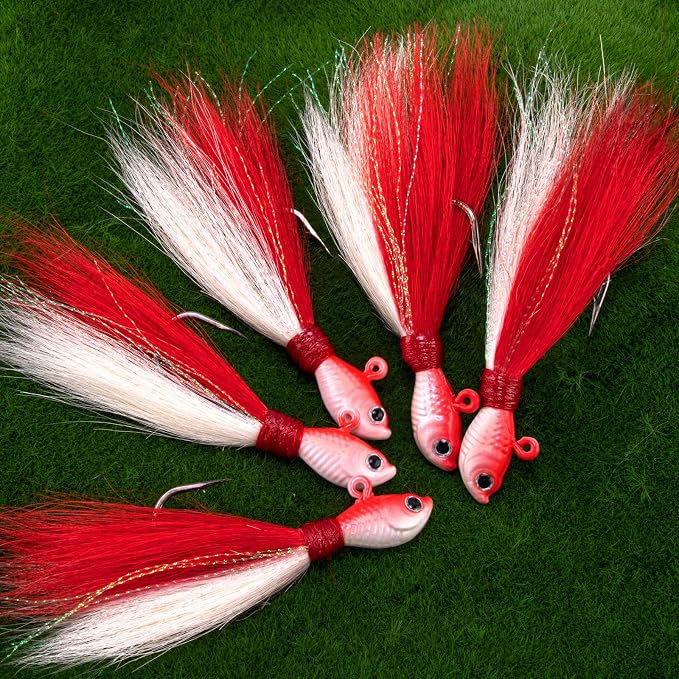 Alwonder 5-Pack Bucktail Jigs Hair Jigs Saltwater Freshwater Fishing Bucktail Lures Surf Fishing Jig Heads White Luminous Chartreuse Swimbait Jig for Bass Flounder Striper Bluefish Halibut Redfish