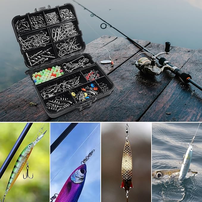 SILANON Fishing Swivels Tackle Kit, 174pcs Include Barrel Swivels,Sinker Slides,3 Way Swivels,Duo Lock Snaps,Barrel Snap Swivels Fishing Tackle Box Set for Bass Trout Saltwater Freshwater