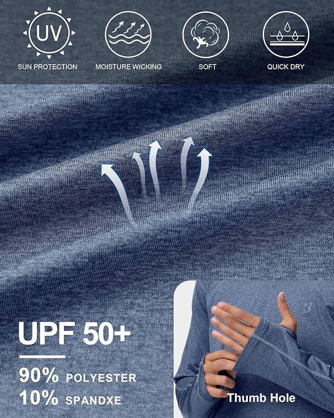 Roadbox Mens UPF 50+ Fishing Shirts, Long Sleeve UV Sun Hoodie, Hiking Running Swim Athletic Workout Shirt