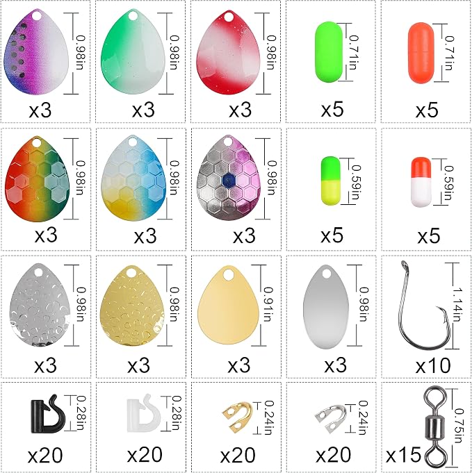 Walleye Rig Making Kit,205pcs DIY Lure Making Supplies Parts for Crawler Harness Walleye Spinner Rigs Colorado Blades Pompano Floats Clevises Beads Hooks Spinner Lure Making Kit