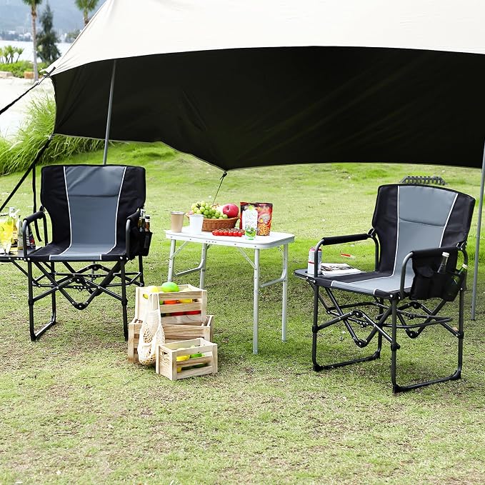 Oversized Camping Directors Chair, Portable Folding Lawn Chairs for Adults Heavy Duty with Side Table, Outdoor Foldable Camp Chair with Pocket for Beach, Fishing, Picnic, Outdoor Foldable Camp Chair