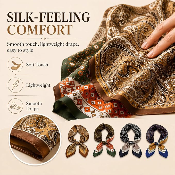 4PCS Neck Scarf Bandanas for Men and Women, Silk Feeling Head Scarfs, Fashion Neckerchief Square Purse Scarf