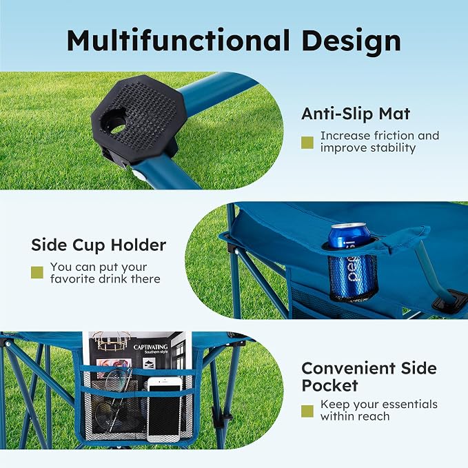 ALPHA CAMP 2-Pack Camping Chair with Cooler Bag, Heavy Duty 250lbs Capacity Folding Chair with Lumbar Support & Side Pocket, Portable Quad Chairs for Beach Fishing Tailgating & Sideline Sport