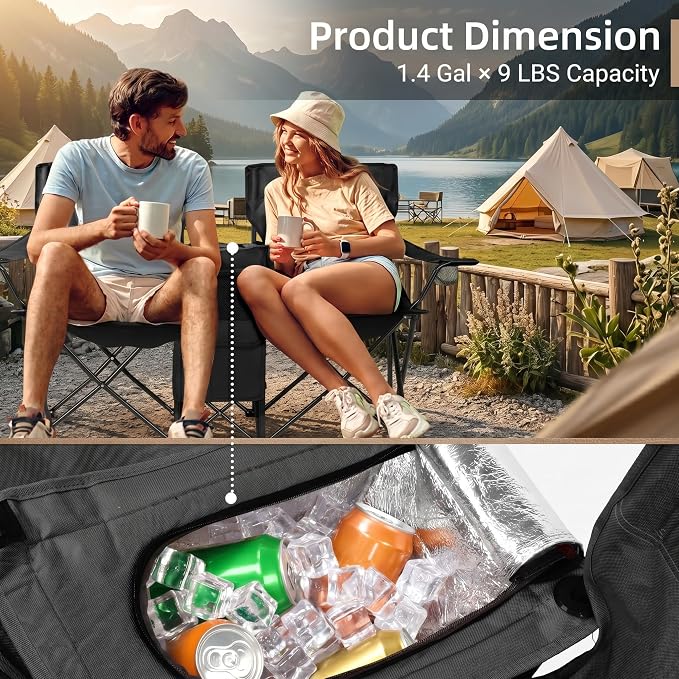 Double Folding Camping Chair with Removable Sun Umbrella and Cooler Bag, 2 Person Portable Picnic Chair for Beach, Patio, Fishing and Tailgating, 600D Oxford Fabric, Black (Black)