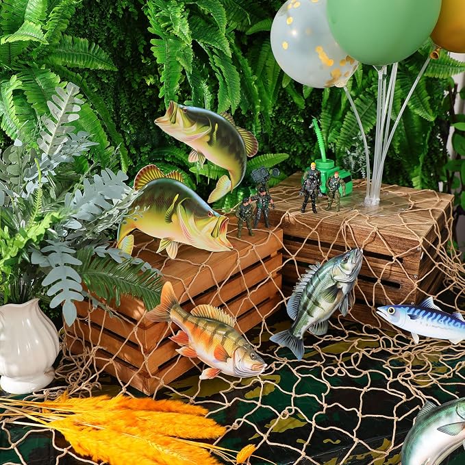 Silipull 11 Pcs Gone Fishing Party Decorations Kit Fishing Net Cute Cardstock Photo Prop for Birthday Sea Animal Indoor Outdoor Dessert Table Party Supply