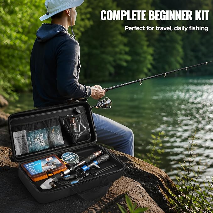 PLUSINNO Fishing Rod and Reel Combo with Telescopic Fishing Pole, Portable Travel Fishing Rods Kit with Tackle Box Carrier Bag & Manuals, Fishing Gear Tool Kit for Freshwater, Fishing Gifts for Men