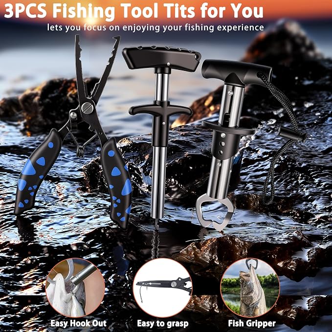 Fishing Backpack with Rod Holder and Tackle Boxes, Cooler, Large 50L Fishing Gear Bag with 139 Fishing Lures Kit, Fish Tool Set, Fish Gifts for Men Woman-Camo Backpack