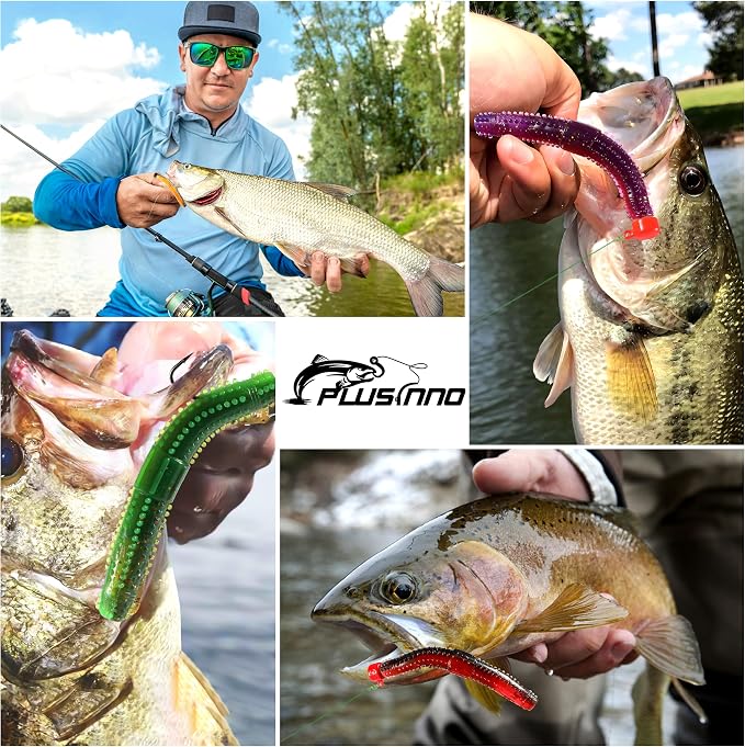 PLUSINNO Wacky Worm Fishing Lure Kit, Soft Plastic Fishing Lures, Grub Baits Hook Wacky Rig Bass Trout Fishing Worms Lures w/Tackle Box