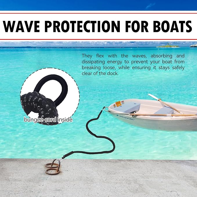 Boat Bungee Dock Lines – Adjustable Boat Tie Downs for Pontoon, Jet Ski, PWC, Kayak | Single Hook Small Cruiser Mooring Lines | (1, Black, 14 Feet)