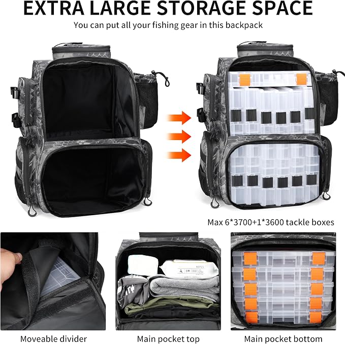 Rabjen Fishing Tackle Backpack with Rod Holders, Bottle Holder, Storage Bag Store Fishing Gear