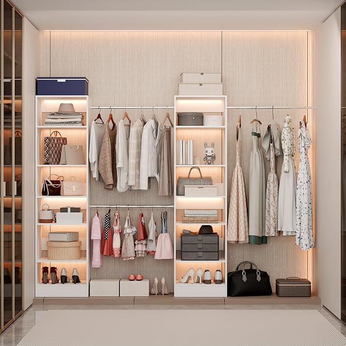 Closet System Set of 2, Closet Organizer System With Adjustable Shelves, Walk-In Closet Storage System With 10 Hanging Rods, Adjustable Cloth Garment Rack, Fits Spaces 6Ft-16Ft, White