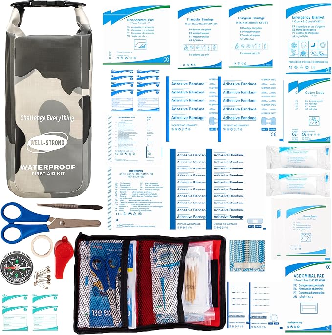Boat First Aid Kit Waterproof, WELL-STRONG Marine Emergency Kit with Roll Top Dry Bag for Boating Fishing Kayaking – Water-Resistant Contents for Camping & Beach（Camouflage Grey）