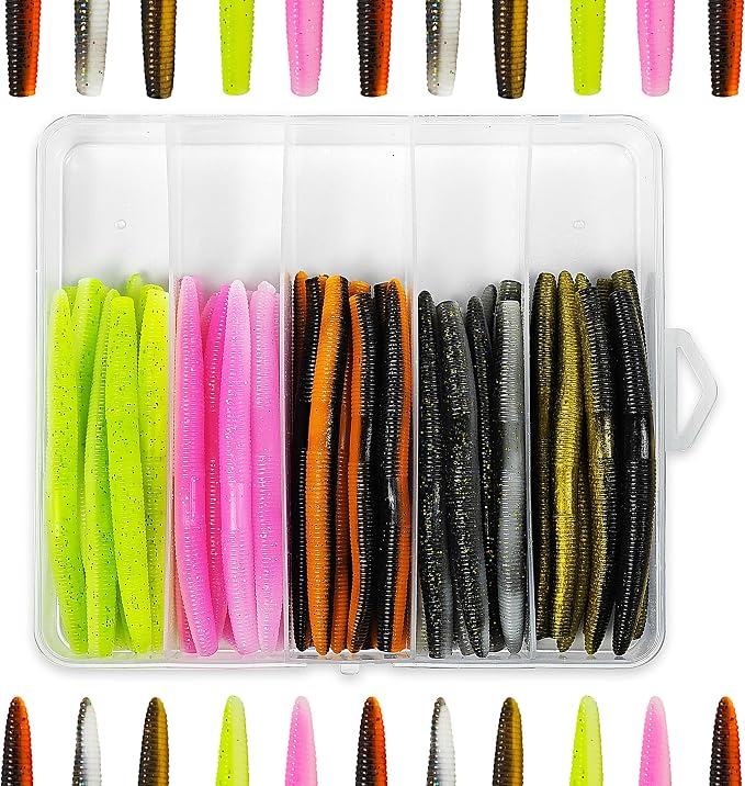Senko Worms for Bass Fishing, Wacky Worms, Reaction Lure, Soft Plastic Bait for Ned rig, Fishing Lure Kit for Freshwater Bass