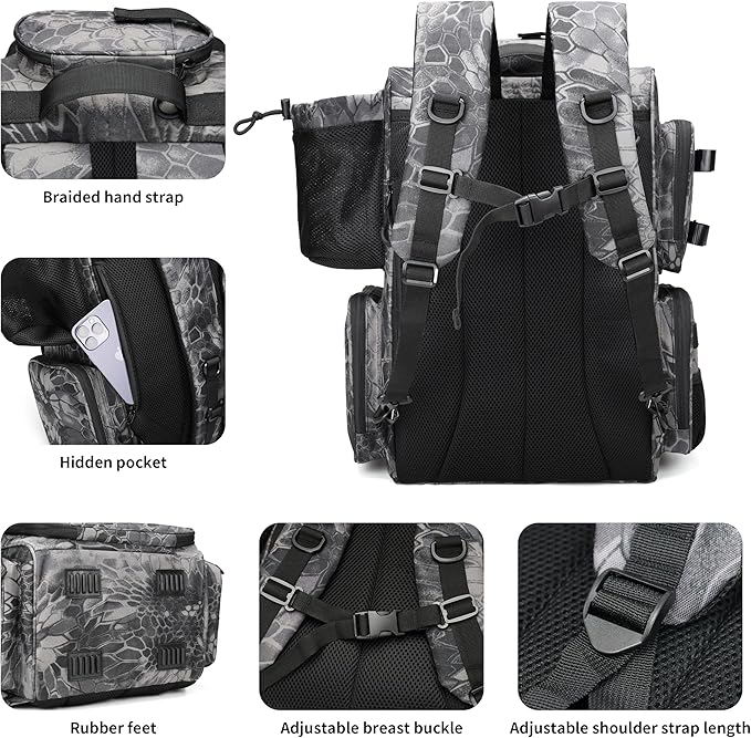 Rabjen Fishing Tackle Backpack with Rod Holders, Bottle Holder, Storage Bag Store Fishing Gear