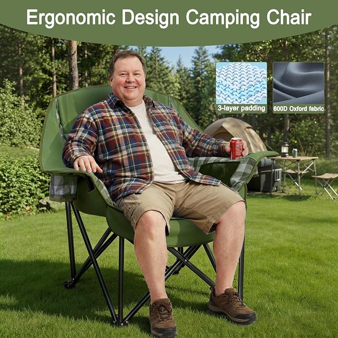 Youtanic Oversized Extra Large Padded Camping Chair, Heavy Duty 400 lbs Foldable Lawn Chair, Ergonomic Outdoor Seat with Plaid Design, Cup Holders & Storage Pockets for Fishing, Sports, Green