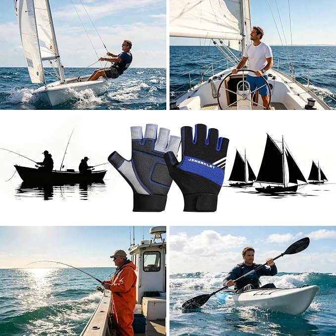 Kayaking Gloves 3/4 Finger Padded Palm Fingerless Gloves for Men Women Youth, with Resistant Palm and Grip, Easy to Take on and Off, for Sailing, Paddling, Kayaking, Fishing, Water Sports