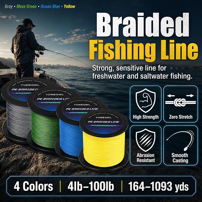 Thinner Braided Fishing Line, Ultra-Strong Abrasion Resistant Zero Stretch Braided Line, 4&8 Strand