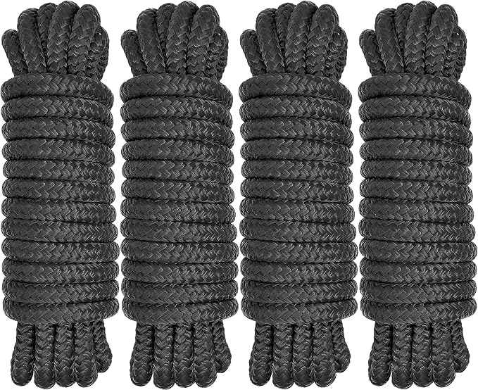 Boat Dock Lines 1/2" x 15' - Double Braided Nylon Boat Ropes for Docking with 12" Loop, Marine-Grade High Strength Boat Lines Dock Rope, Premium Marine Rope Mooring Lines, Easy Handling - 4 Pack,Black