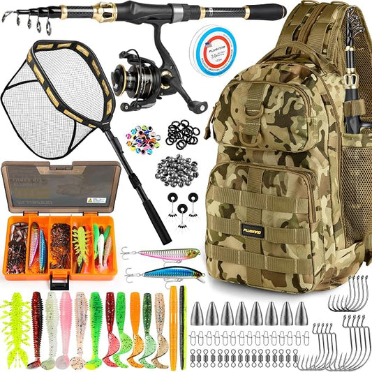 PLUSINNO Fishing Rod and Reel Combo, Backpack, Net, Bag with Rod Holders and Tackle Box for Freshwater/Saltwater, Fishing Gifts for Men