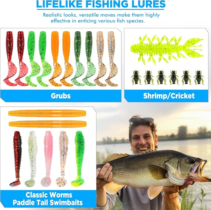 PLUSINNO Fishing Lures, 137Pcs Tackle Box with Tackle Included, Crankbaits, Spoon, Hooks, Weights & Other Accessories, Fishing Bait Lure Gear Kit Gift for Men Bass Freshwater