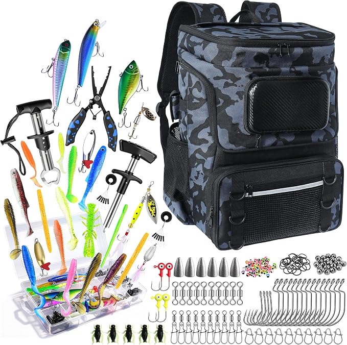 Fishing Backpack with Rod Holder and Tackle Boxes, Cooler, Large 50L Fishing Gear Bag with 139 Fishing Lures Kit, Fish Tool Set, Fish Gifts for Men Woman-Camo Backpack