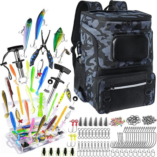 Fishing Backpack with Rod Holder and Tackle Boxes, Cooler, Large 50L Fishing Gear Bag with 139 Fishing Lures Kit, Fish Tool Set, Fish Gifts for Men Woman-Camo Backpack