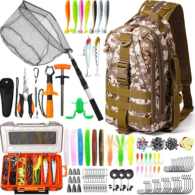 RoundFunny 256 Pcs Fishing Backpack with Tackle Box Gears, Tackle Sling Bag Backpack, Fishing Hook, Lures, Retractable Landing Net, Plier, Lip Gripper, Hook Remover, Fish Gift Men