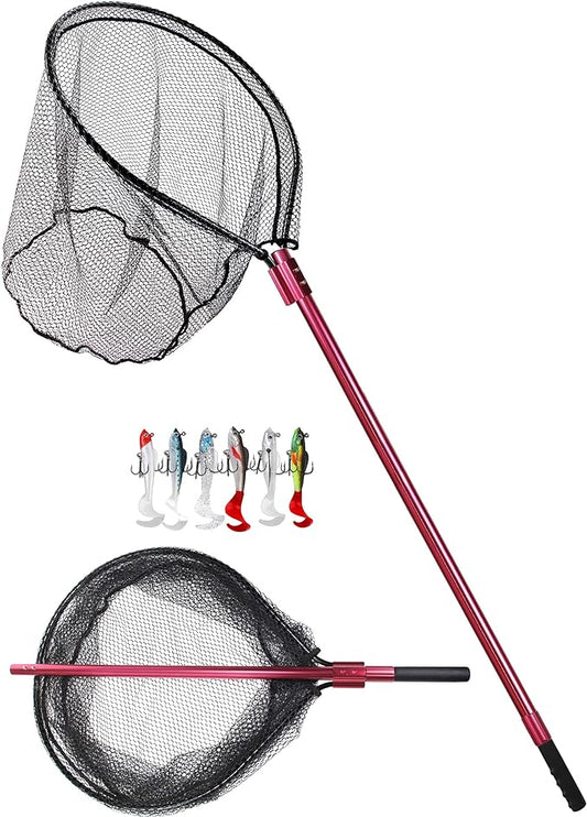 Large Rubber Fishing Net Heavy Duty Extra Large Aluminum Landing Net for Saltwater Fish Net Telescoping Handle with 6pcs Soft Jig Swimbait, Extends to 72-94in