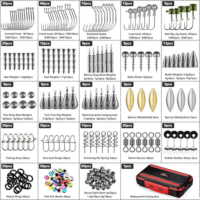 PLUSINNO 253/387pcs Fishing Gear Accessories Kit, Fishing Tackle Box with Tackle Included, Fishing Hooks, Fishing Weights Sinkers, Spinner Blade, Fishing Equipment for Bass Trout Bluegill Crappie