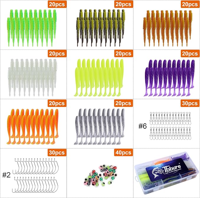 130/260Pcs Fishing Soft Lures Multi-Color Worms Set with Storage Box Silicone Threaded Bait Equipment Tackle Plastic Bait Gear for Bass, Fish Kit,Hooks,connectors, Accessories Tools,Swimbait